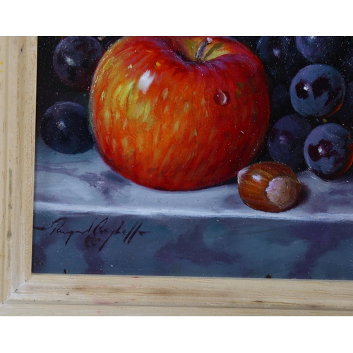 849 - Raymond Campbell, apple with nut and black grapes, oil on board, signed, 19cm x 13.5cm, framed