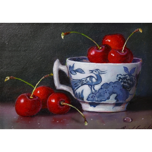 850 - Raymond Campbell, cherries in china cups, oil on board, signed, 11cm x 16cm, framed