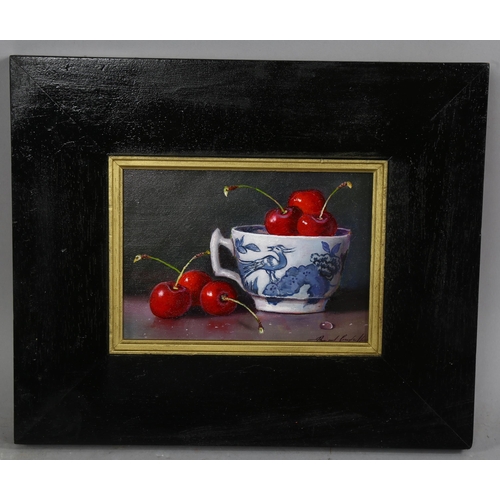 850 - Raymond Campbell, cherries in china cups, oil on board, signed, 11cm x 16cm, framed