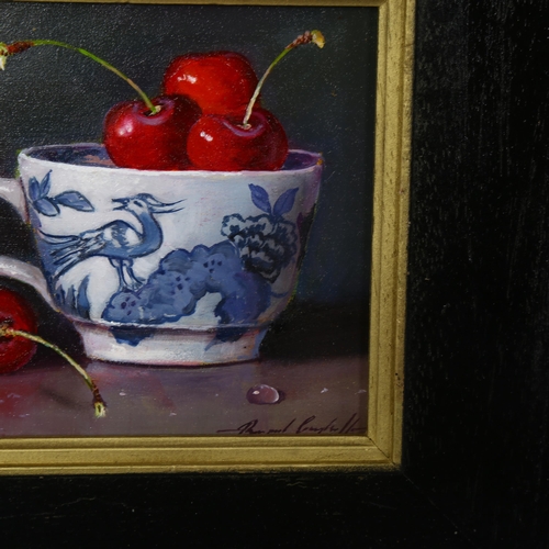 850 - Raymond Campbell, cherries in china cups, oil on board, signed, 11cm x 16cm, framed