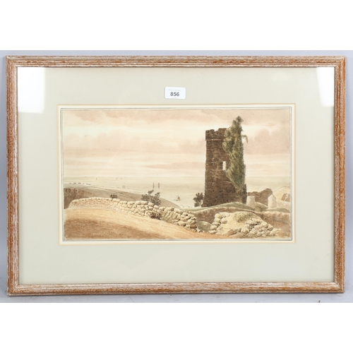 856 - Early 19th century English School, watercolour, Hadleigh Castle Essex, unsigned, 24cm x 42cm, framed