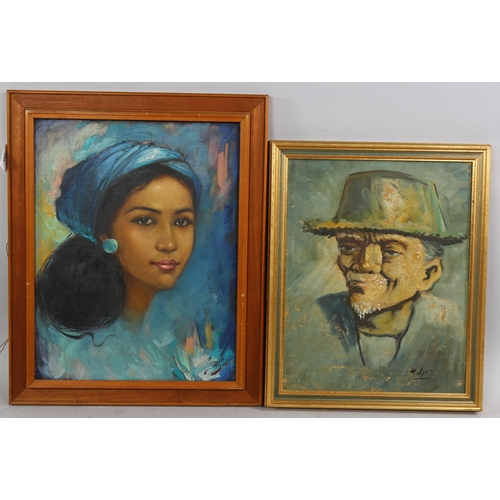 858 - Lim Wasim, portrait of an Indonesian woman, oil on board, signed, 44cm x 34cm, and 1 other Indonesia... 