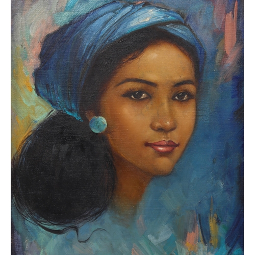 858 - Lim Wasim, portrait of an Indonesian woman, oil on board, signed, 44cm x 34cm, and 1 other Indonesia... 