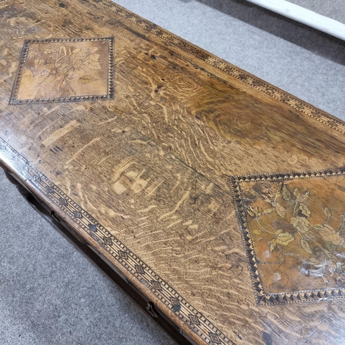 72 - 18th century oak dresser base, the top having 3 inset botanical marquetry panels, allover checker ba... 