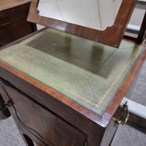 73 - George III mahogany square-section night cupboard, with rising mirror at the back, inset leather top... 