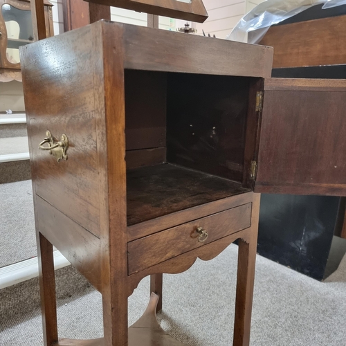 73 - George III mahogany square-section night cupboard, with rising mirror at the back, inset leather top... 