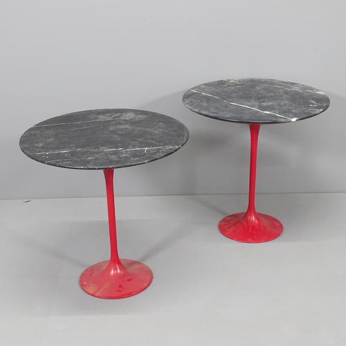 2232 - A pair of Eero Saarinen design tulip occasional tables, with grey and white vein marble tops on pain... 