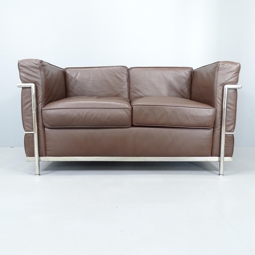 2236 - A Le Corbusier LC2 style sofa in brown leather with chrome base. Overall 130x70x70cm, seat 95x45x55c... 