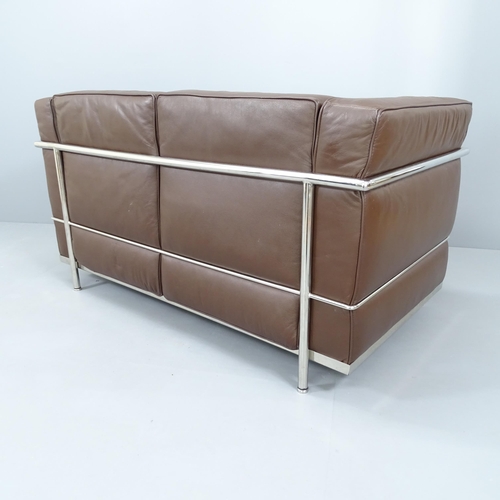 2236 - A Le Corbusier LC2 style sofa in brown leather with chrome base. Overall 130x70x70cm, seat 95x45x55c... 