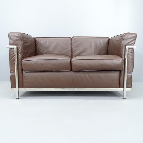 2237 - A Le Corbusier LC2 style sofa in brown leather with chrome base. Overall 130x70x70cm, seat 95x45x55c... 