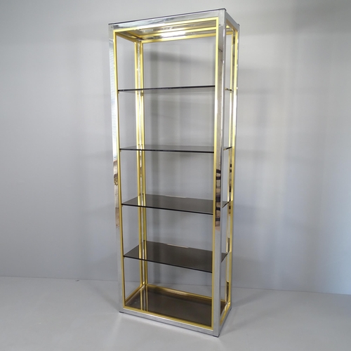 2239 - A mid-century Hollywood Regency style display shelf, with chrome and brass frame and six smoked glas... 