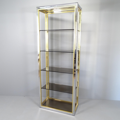 2240 - A mid-century Hollywood Regency style display shelf, with chrome and brass frame and six smoked glas... 