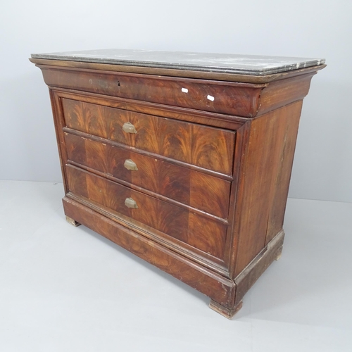 2001 - A French mahogany commode chest of five long drawers with marble top.