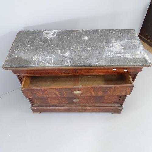 2001 - A French mahogany commode chest of five long drawers with marble top.