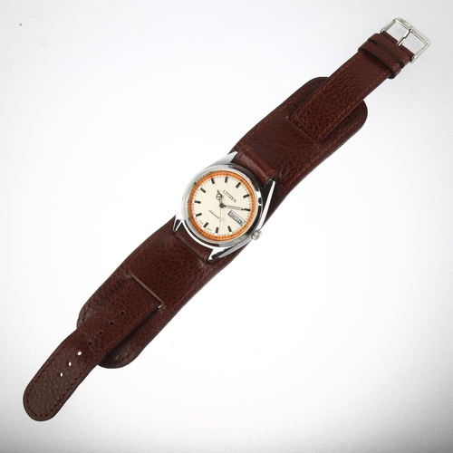 1050 - CITIZEN - a stainless steel automatic wristwatch, ref. 71-2591, orange and silvered dial with block ... 