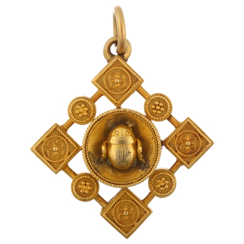 1101 - A Victorian Archaeological Revival scarab pendant, circa 1870, unmarked gold closed-back settings wi... 