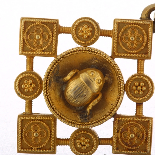 1101 - A Victorian Archaeological Revival scarab pendant, circa 1870, unmarked gold closed-back settings wi... 