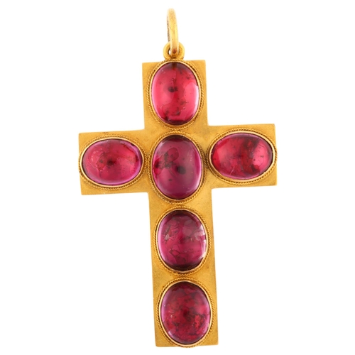 1103 - A Victorian garnet cross pendant, unmarked yellow metal closed-back settings, with oval cabochon gar... 