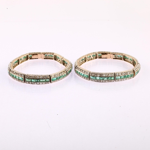 1104 - An Art Deco French emerald and diamond necklace/bracelet combination set, circa 1930, each bracelet ... 