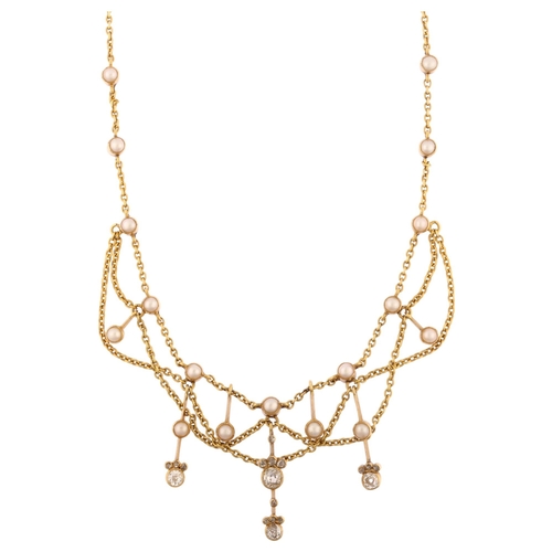 1106 - An Art Nouveau pearl and diamond festoon necklace, circa 1900, unmarked gold settings with graduated... 