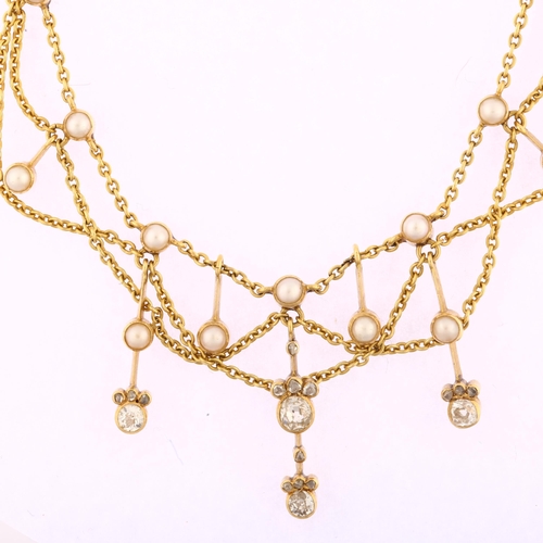 1106 - An Art Nouveau pearl and diamond festoon necklace, circa 1900, unmarked gold settings with graduated... 