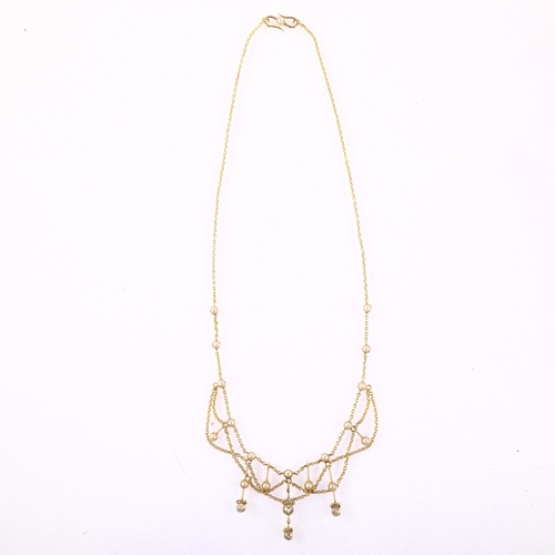 1106 - An Art Nouveau pearl and diamond festoon necklace, circa 1900, unmarked gold settings with graduated... 