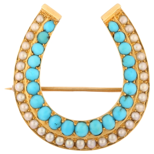 1107 - A large Victorian turquoise and pearl horseshoe brooch, unmarked gold settings with oval cabochon tu... 