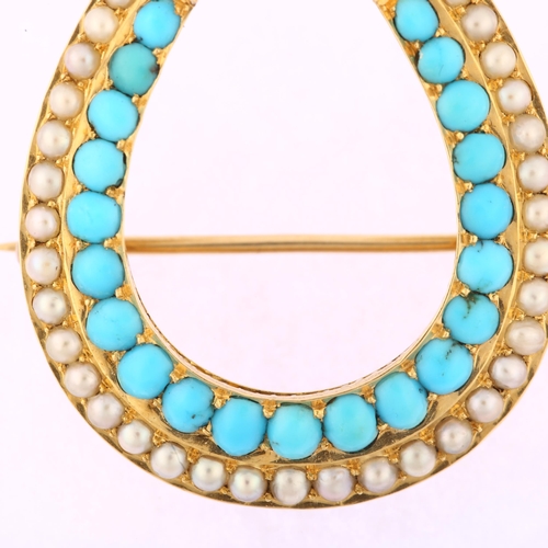 1107 - A large Victorian turquoise and pearl horseshoe brooch, unmarked gold settings with oval cabochon tu... 