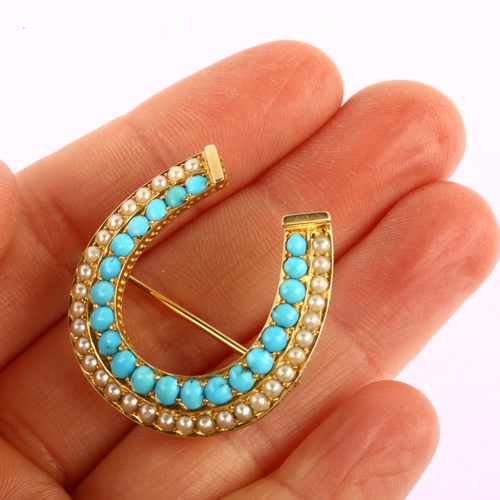 1107 - A large Victorian turquoise and pearl horseshoe brooch, unmarked gold settings with oval cabochon tu... 