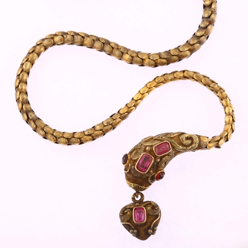 1110 - An Antique Victorian ruby and garnet snake necklace, circa 1890, unmarked gold settings designed as ... 