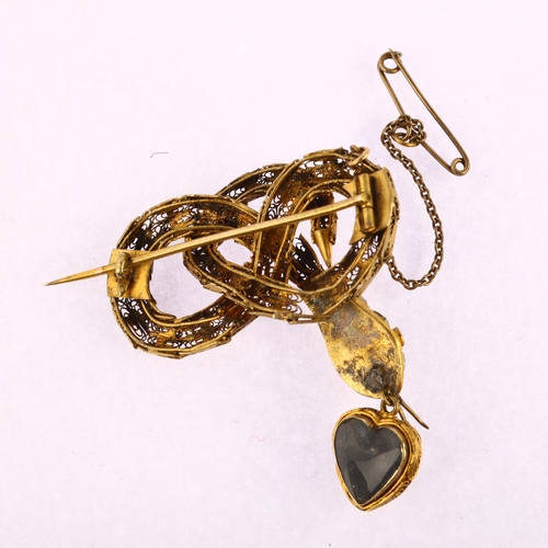1111 - A Victorian paste filigree figural snake sweetheart brooch, unmarked yellow metal wirework settings ... 