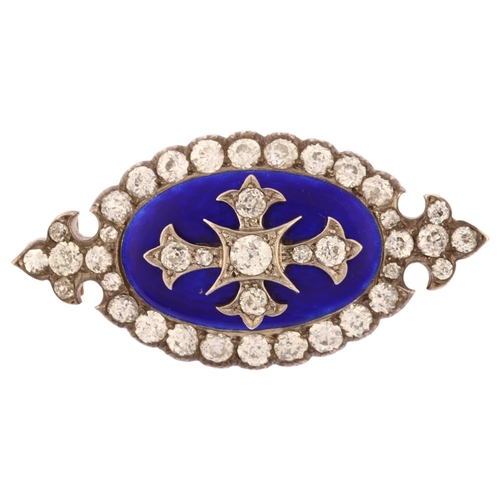 1112 - A Georgian Royal blue enamel and diamond cluster oval brooch, central engine turned guilloche enamel... 