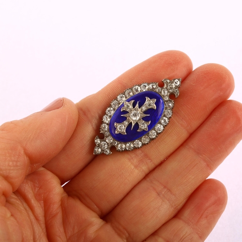 1112 - A Georgian Royal blue enamel and diamond cluster oval brooch, central engine turned guilloche enamel... 