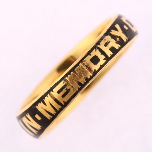 1113 - A 19th century 18ct gold three stone black enamel and diamond memorial band ring, set with old Europ... 