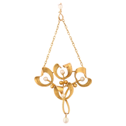1114 - An Art Nouveau French gold and pearl mistletoe lavalier pendant, pendant height 63.5mm, 2.3g