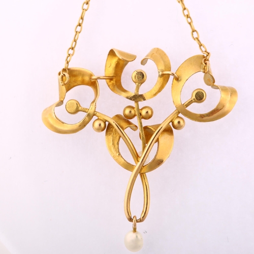 1114 - An Art Nouveau French gold and pearl mistletoe lavalier pendant, pendant height 63.5mm, 2.3g
