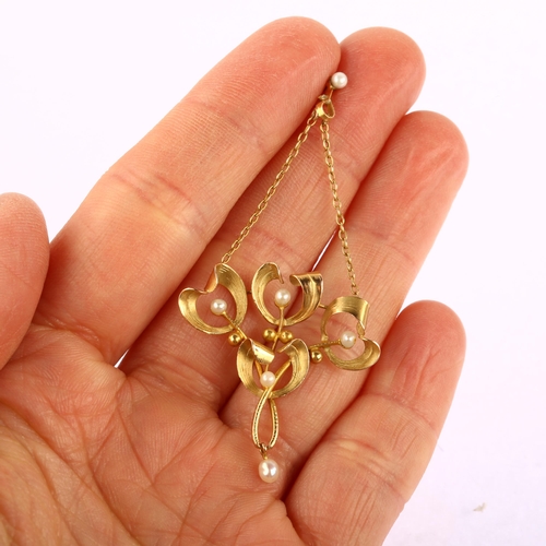 1114 - An Art Nouveau French gold and pearl mistletoe lavalier pendant, pendant height 63.5mm, 2.3g