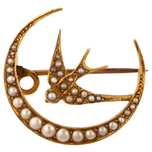 1115 - A Victorian 15ct gold split pearl swallow and crescent moon brooch, maker's marks HG & S, hallmarks ... 