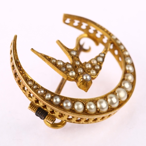 1115 - A Victorian 15ct gold split pearl swallow and crescent moon brooch, maker's marks HG & S, hallmarks ... 