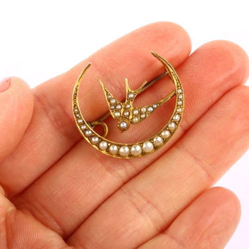 1115 - A Victorian 15ct gold split pearl swallow and crescent moon brooch, maker's marks HG & S, hallmarks ... 