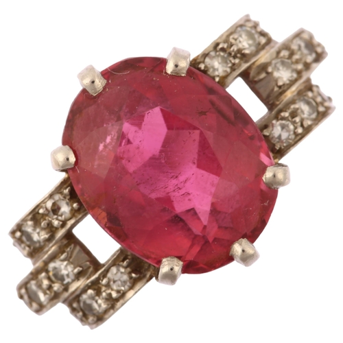 1116 - An Art Deco pink tourmaline and diamond cocktail ring, circa 1940s, unmarked white metal settings wi... 