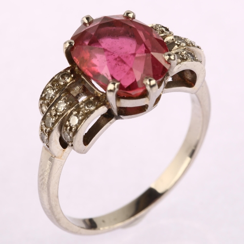 1116 - An Art Deco pink tourmaline and diamond cocktail ring, circa 1940s, unmarked white metal settings wi... 