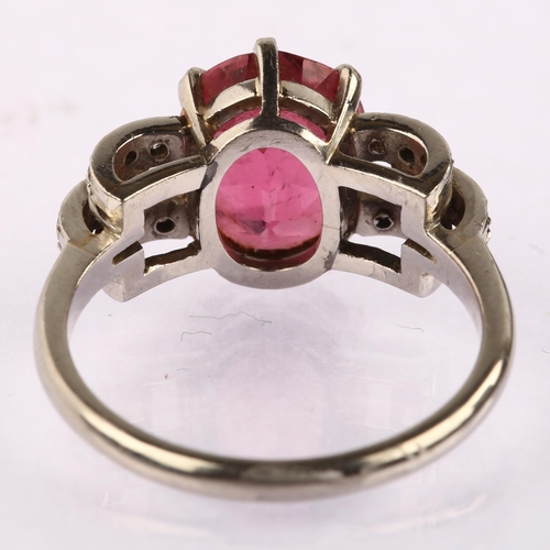 1116 - An Art Deco pink tourmaline and diamond cocktail ring, circa 1940s, unmarked white metal settings wi... 