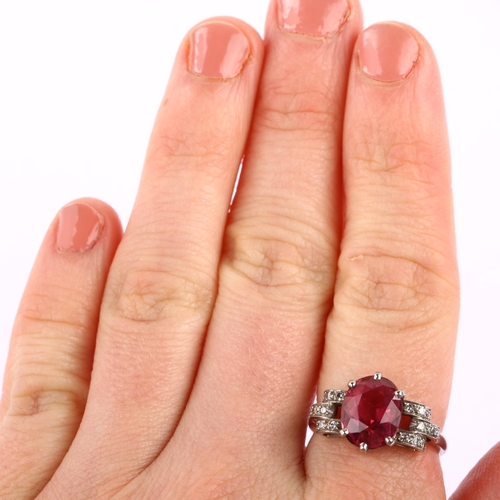 1116 - An Art Deco pink tourmaline and diamond cocktail ring, circa 1940s, unmarked white metal settings wi... 