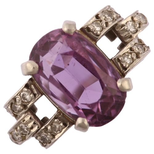 1117 - An Art Deco synthetic flux melt purple sapphire and diamond cocktail ring, circa 1940s, unmarked whi... 