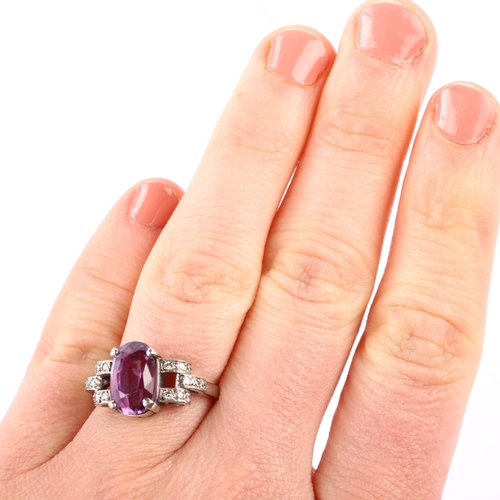 1117 - An Art Deco synthetic flux melt purple sapphire and diamond cocktail ring, circa 1940s, unmarked whi... 