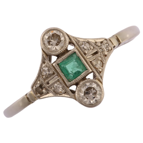 1119 - An Art Deco 18ct white gold emerald and diamond panel ring, geometric design set with square step-cu... 