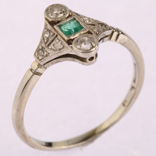 1119 - An Art Deco 18ct white gold emerald and diamond panel ring, geometric design set with square step-cu... 