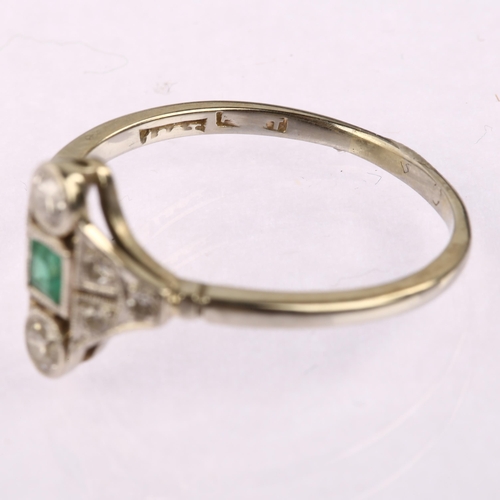 1119 - An Art Deco 18ct white gold emerald and diamond panel ring, geometric design set with square step-cu... 