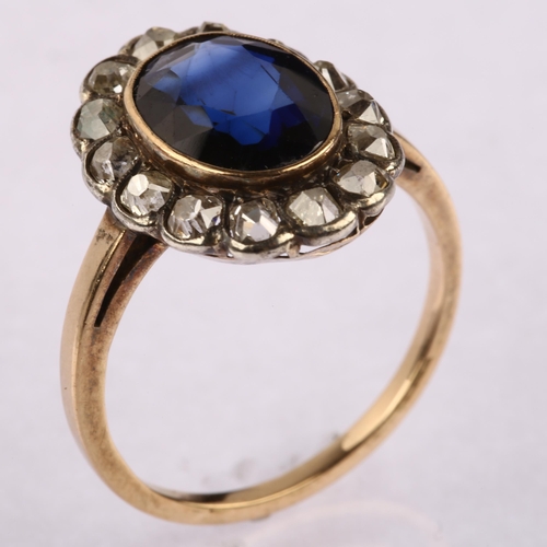 1128 - A mid-20th century synthetic sapphire and diamond oval cluster ring, Continental gold settings with ... 